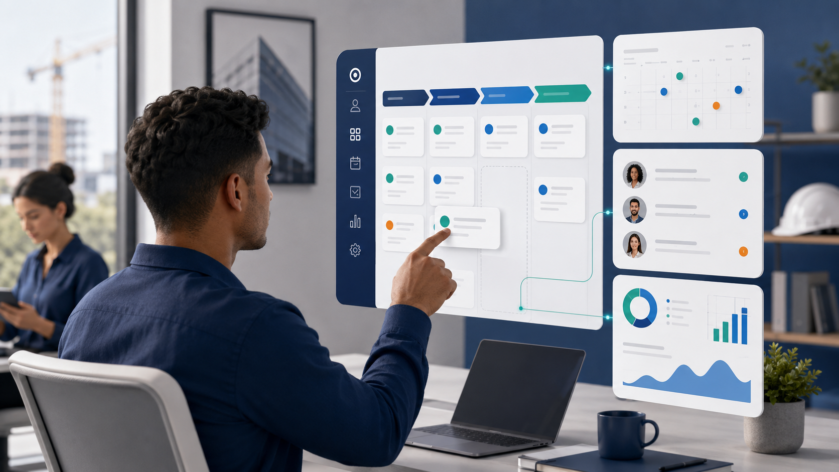 Profissional acompanhando oportunidades, agenda e indicadores em um sistema de CRM